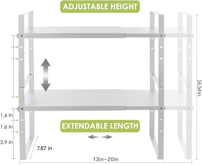Across-Star Expandable Cabinet Shelf Organizer Rack, Stackable Kitchen Counter Storage Shelves Stand, Adjustable Height Pantry Shelf Spice Rack (White, 2 Pack)