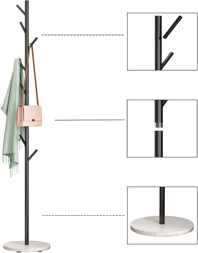 DOORXIFO Black Metal Coat Rack, Freestanding with Hooks, Entryway Coat Rack Stand, Coat Racks with Marble Base, Coat Tree for Hanging Clothes, Hats, Bags | Modern Hat Rack, Easy to Assemble, Heavy Stable Marble Base