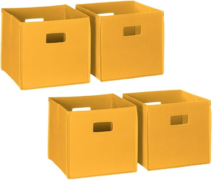 RiverRidge Folding Storage Bins - 4-pack of 10in Tall Golden Yellow Cubes | Fabric Bins, Set of 4 Storage Cubes, Cut-out Handles, Playroom Closet Organizer, Collapsible Cubby with Bottom Board Insert