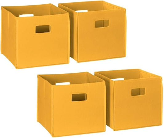 RiverRidge Folding Storage Bins - 4-pack of 10in Tall Golden Yellow Cubes | Fabric Bins, Set of 4 Storage Cubes, Cut-out Handles, Playroom Closet Organizer, Collapsible Cubby with Bottom Board Insert