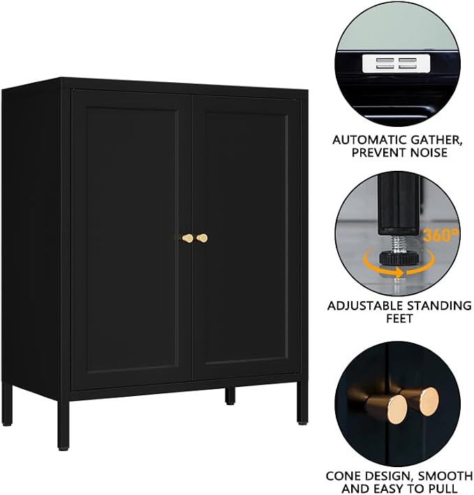Metal Accent Storage Cabinet for Home, LivingRoom, Office,Kitchen- Metal Locker Cabinet with 1 Adjustable Shelves-Bathroom Floor Storage Cabinet Freestanding Organizer(Square Door, Black)