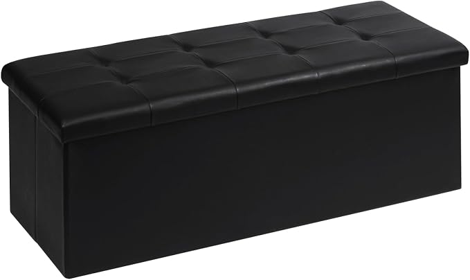 PINPLUS Folding Storage Ottoman Bench, Black Faux Leather Long Ottoman Chest, Footrest Seat, Blanket Storage for Living Room Bedroom Office Hallway, 43.3"x15"x15"