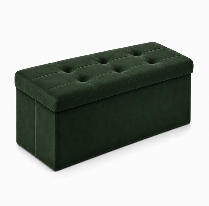 ALASDO 30 Inch Folding Storage Ottoman Bench with Hidden Storage, Velvet Storage Ottoman Foot Rest Stool, End of Bed Bench for Bedroom, Living Room, Entryway and Closet, Dark Green