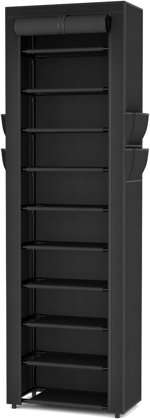 VTRIN Vertical Narrow Shoe Rack Organizer 10 Tier Tall Shoe Shelf Holds 20-22 Pairs with Non-Woven Dustproof Cover for Closet, Entryway Black