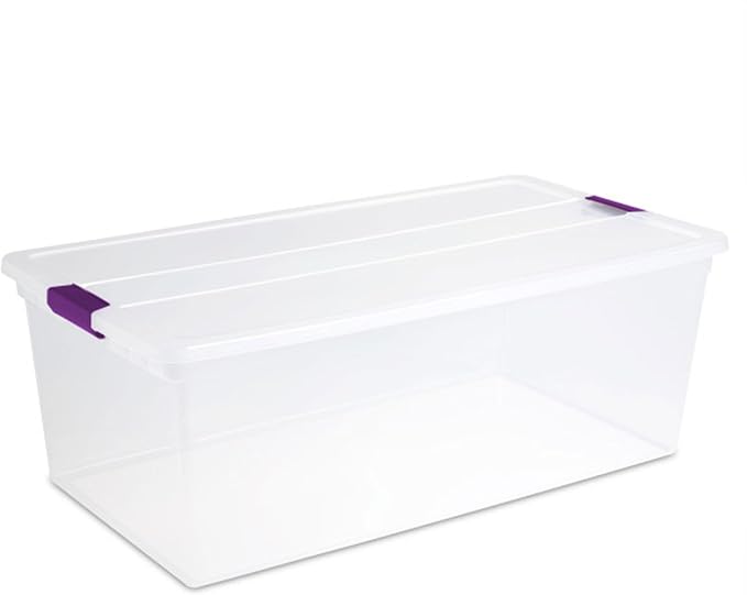 Sterilite 4-Pack 110 Quart ClearView Latch Box, Stackable Organizer Bins with Latching Lids - Clear Plastic Organization Containers for Closet, Bedroom, Shelving Units and Everyday Home Storage | Clear Plastic Organizers with Color Accent Latches for C...