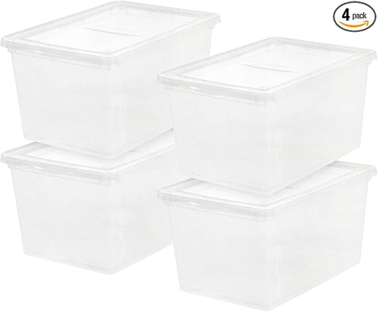 IRIS USA 4-Pack 58 Qt Storage Bins with Lids, Clear, Stackable | Perfect for moving, blankets, clothing and garage storage, nestable design, transparent design makes contents easy to find
