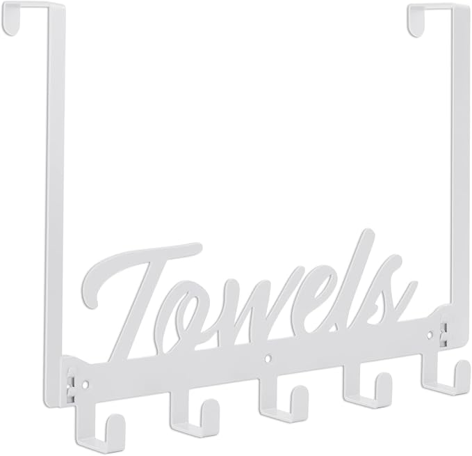 Azmoncy Over The Door Hooks, Towel Rack for Bathroom & Bedroom, Heavy Duty Over Door Towel Hanger with 5 Coat Hooks, White