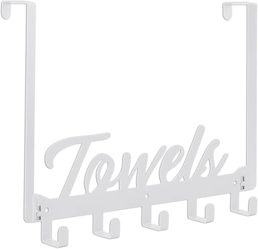 Azmoncy Over The Door Hooks, Towel Rack for Bathroom & Bedroom, Heavy Duty Over Door Towel Hanger with 5 Coat Hooks, White