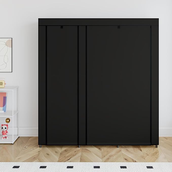 SORCEDAS Portable Closet Wardrobe with Hanging Rods Shelves Clothes Storage | 50 Inch Closet Organizers and Storage with Non-Fabric Cover,Freestanding Clothes Closet for Bedroom,dorm,Storage Rooms Black