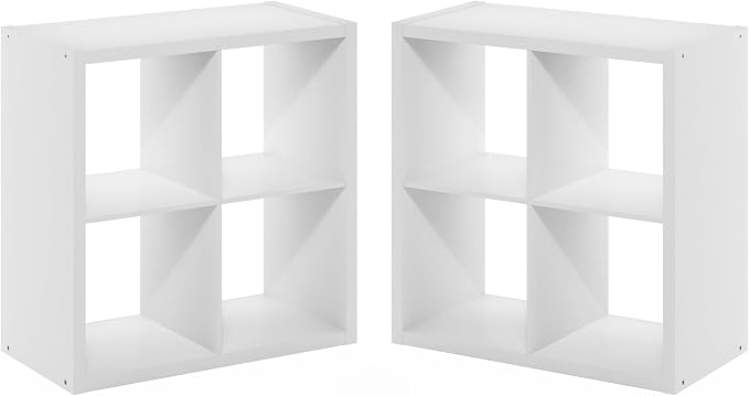 Furinno Cubicle Book Shelf Set of 2, 4-Cube Bookshelf, White | 14.6 x 30 x 30, 1.2" Thick Frame Bookcase with Reversible Open Back, for Living Room, Bedroom, Home Office