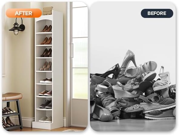 9-Tier Tall Shoe Rack, Wooden Shoe Storage Organizer, Narrow Shoe Cabinet with Removable Shelves for Small Spaces, Holds 9 Pairs of Shoes, for Entrance, Hallway, White SS02WT