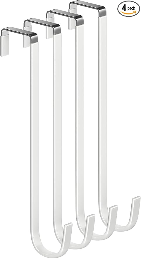 Single Long Over Door Steel Hooks 4 Pack Fit 1-3/8" Door 10" White | Plastic Coated Rubber Feel Towel Rack Robe Coat Shoe Wreath Hanger No Damage No Scratch for Bathroom Heavy Duty Thin Top