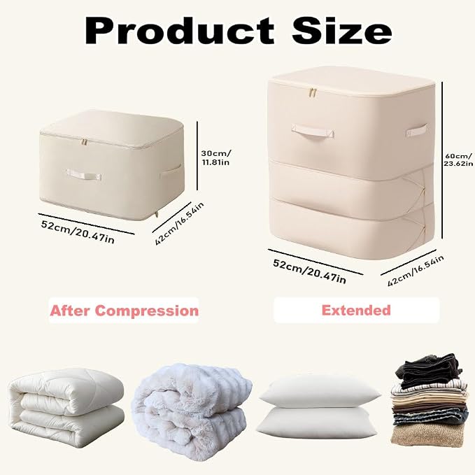 Comforter Storage Bag, Bedding & Blanket Self Compression Storage Organizer | Compression Storage Bag for Blanket Storage, 3-Layer Thick Satin Fabric Heavy Duty Bags for Pillow Duvet (Beige, XL)