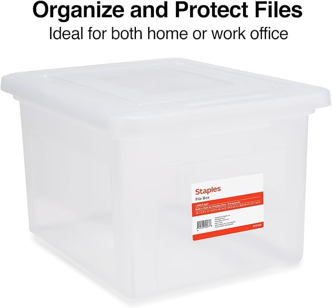 STAPLES Plastic File Box with Snap Lid, Letter/Legal Size, Clear, 2/Pack | Stackable storage box keeps hanging files organized and protected.