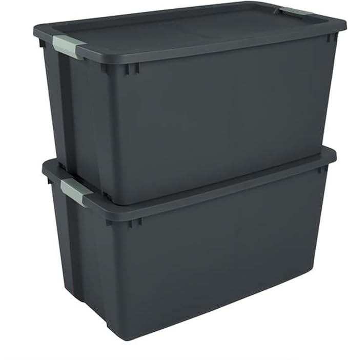 Sterilite 12 Pack 45 Gallon Wheeled Latch Tote, Stackable Plastic Storage Bin, Gray/Green