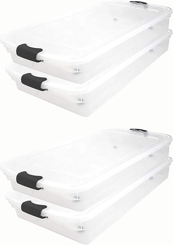HOMZ 4-Pack Under Bed Storage, Clear Plastic Containers with Lids, 60 Quart, Gray Latch - Stackable Underbed Organizer Bins for Shoes, Bags, Clothes, and Towels