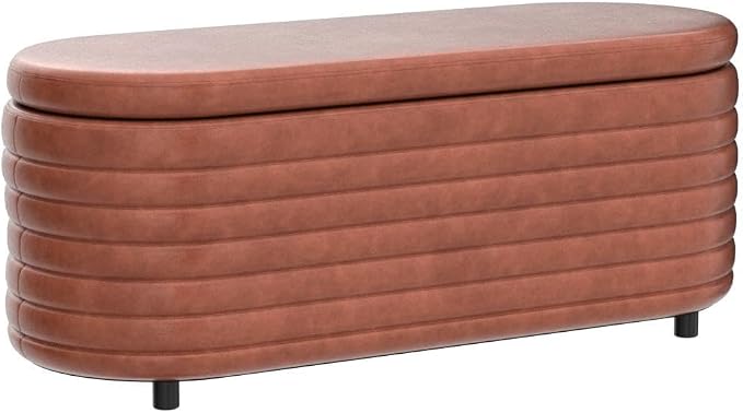 Storage Ottoman Bench Upholstered PU Leather End of Bed Stool with Safety Hinge for Bedroom, Living Room, Entryway (45.5-inch, Brown)
