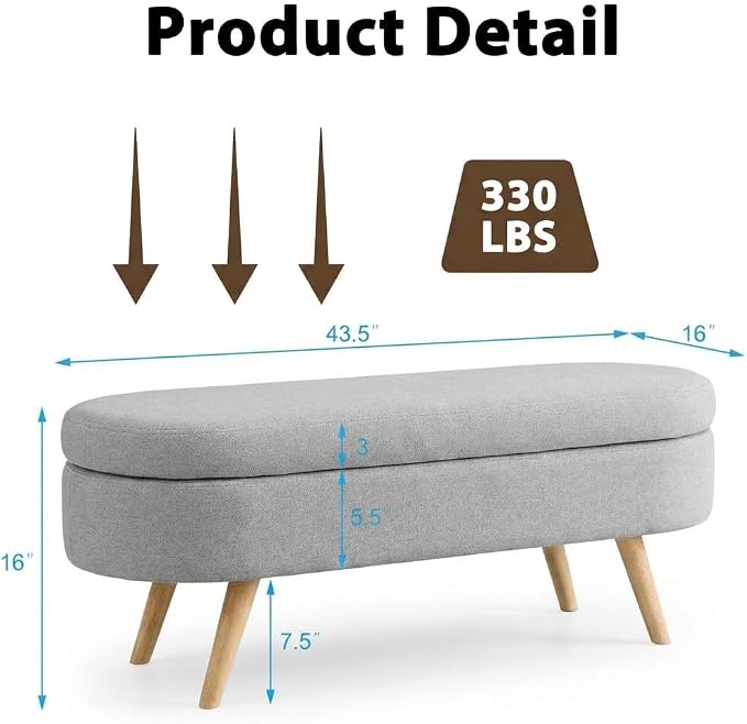 43.5” Storage Ottoman Bench，Upholstered Oval End of Bed Bench for Bedroom | Modern Linen Ottoman with Storage, Entryway Foot Rest with Wooden Legs, Lift-Top Lid with Safety Hinge, Living Room, Grey