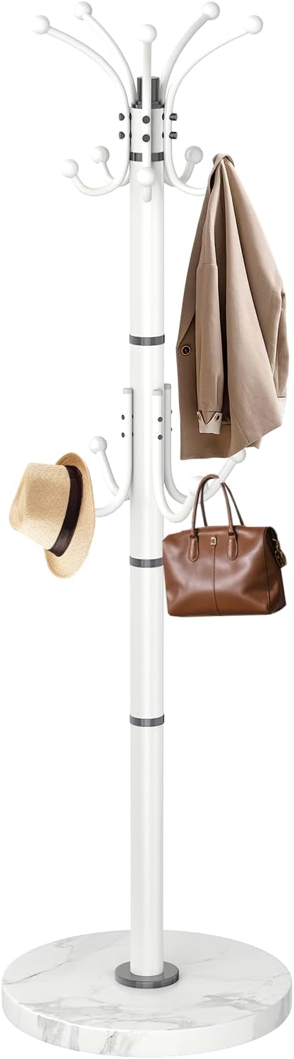EZIVIEZ Modern Coat Rack Stand, 360° Rotary Metal Freestanding Coat Rack with Natural Marble Base, Black Coat Racks and Coat Hanger Tree Jacket Stand with 14 Hooks for Office, Entryway, Hallway