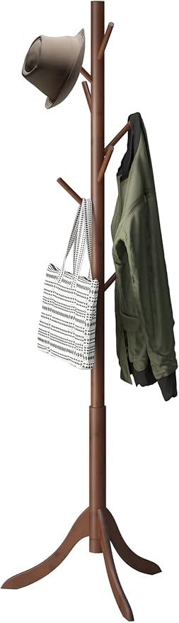 kiplant Bamboo Wood Coat Rack Stand, Freestanding Coat Tree with 8 Hooks, Hallway Entryway Hat Hanger Organizer Standing for Bedroom, Office, Clothes, Jackets, Bags, Umbrallas