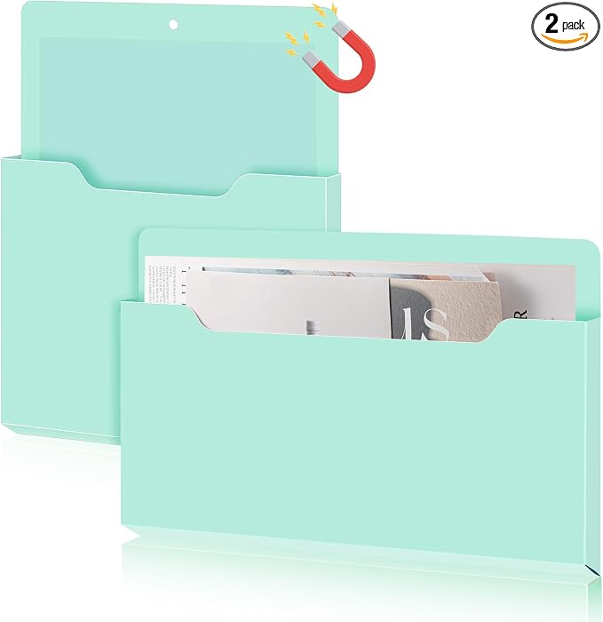 Feifeiya 2 Pcs Magnetic File Folder Wall Hanging Holder Large Pocket Paper Magazine Mail Organizer for Refrigerator Classroom Locker Whiteboard(Mixed,Mint Green,13.8 x 8.3 Inches,12.2 x 9.4 Inches)