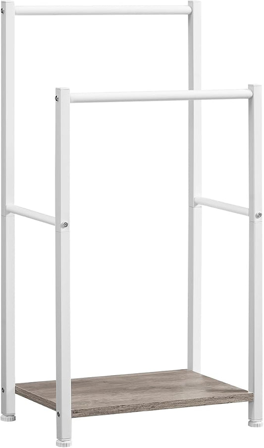 HOOBRO Free Standing Towel Rack for Bathroom, 2 Tier Blanket Rack, 16.5" L x 9.4" W x 31.5" H, Blanket Holder, Drying and Display Rack with Shelf, White and Grey WG02LB01