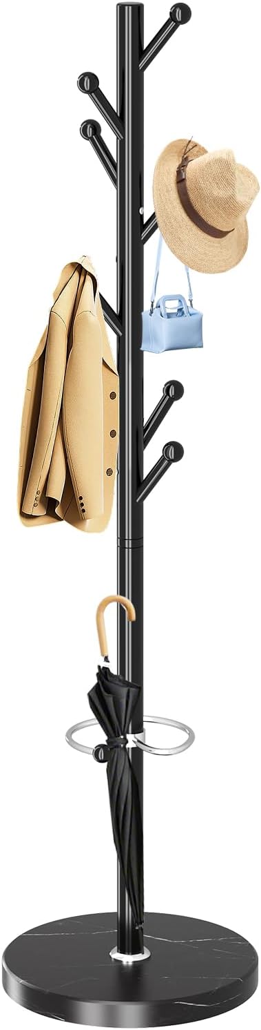OIRUMIE Coat Rack,Metal Coat Rack Frestanding,Black Coat Stand for Entryway | Coat Rack Stand with Marble Base & Umbrella Holder,Modern Coat Hanger Stand,Coat Clothes Tree Stand for Hallway,Office