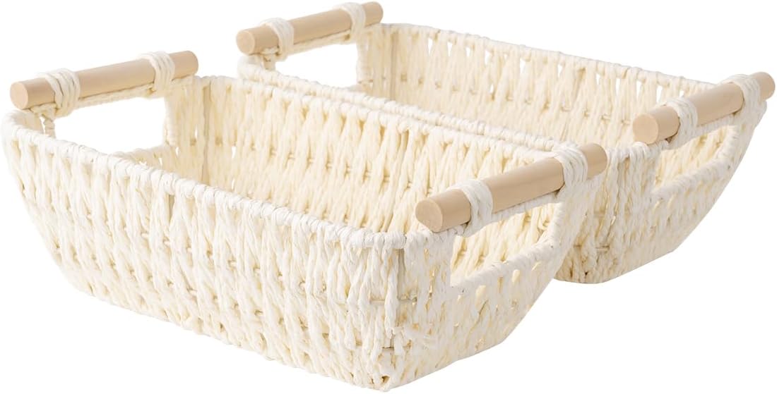 StorageWorks Round Paper Rope Woven Basket with Wooden Handles for Gifts, Small Wicker Baskets for Shelf, Beige, 2-Pack