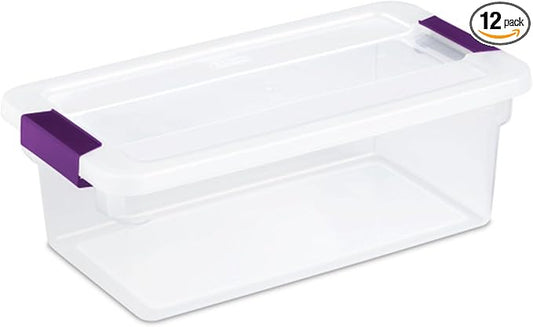Sterilite ClearView Latch Boxes, Storage Bins with Lids, 6 Quart, 12-Pack | Clear Plastic Organizers with Color Accent Latches for Closet, Bedroom, Shelving Units, Dorm Room and Home Organization