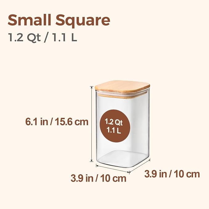 ComSaf Glass Storage Containers wtih Lids 1.2 Qt, Set of 6 Food Storage Jar | Glass Pantry Storage Containers, Square Kitchen Canisters, Pantry Organizers, Tea, Oat, Spice, Coffee, 37oz Jars, BPA Free
