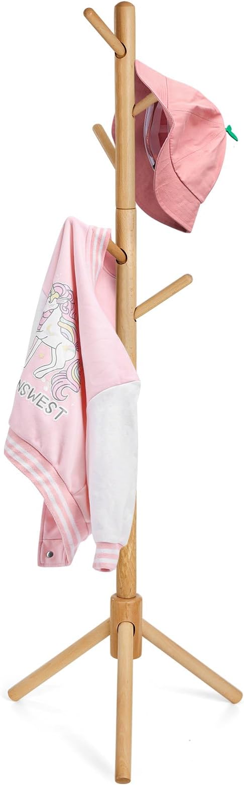 Cozivolife Kid's Coat Rack Stand: Height Adjustable with 9 Hooks (Natural) | Beech Wood Coats Tree for Cloth Hats and Handbags - Freestanding Child Clothes Racks for Hallway Entryway Bedroom