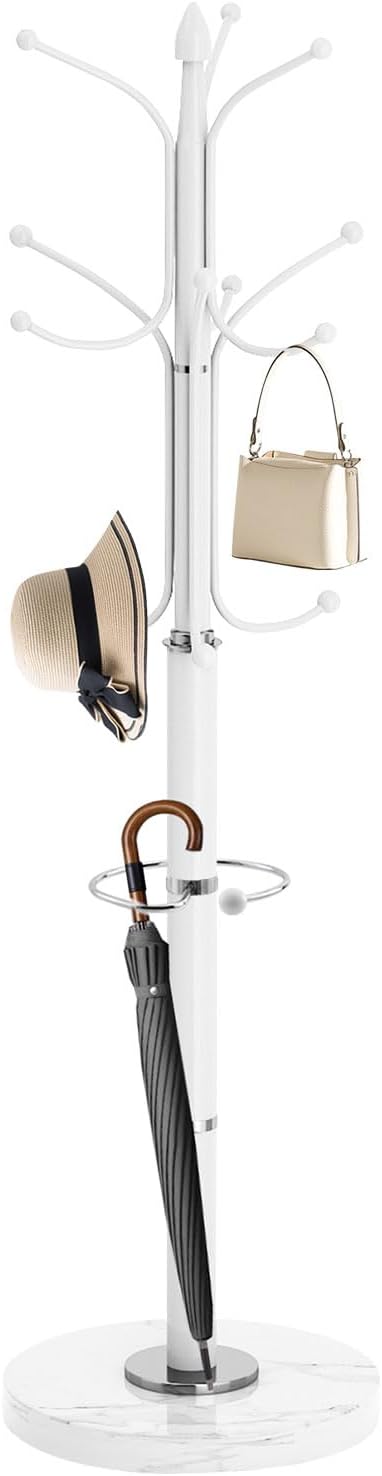 Modern Coat Rack Stand, Metal Freestanding Coat Rack with Natural Marble Base, Heavy-Duty Coat Racks with Umbrella Holder,White Coat Hanger Stand with 12 Hooks for Office, Entryway, Hallway