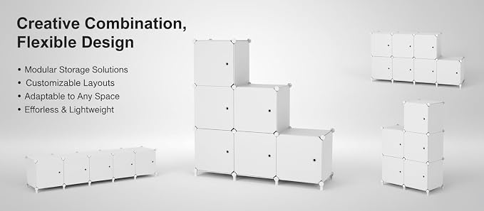 6Cube Storage Organizer Modular Stackable with Doors White | Sturdy plastic 6-cube cabinet with doors, 30x30x30cm per cube, tool-free snap assembly, ideal for bedroom, stairs, closet.