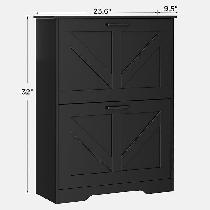 Homleke Farmhouse Shoe Cabinet for Entryway, 2 Barn-Style Flip Drawers | Narrow Shoe Storage Organizer, Top Display Shelf, Adjustable Shelves, Shoe Rack, for Hallway Closet, 24" Wide, Black