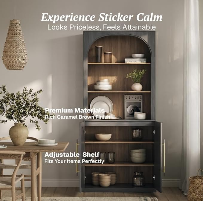 BELLEZE 6-Piece Modular TV Stand, Entertainment Center with Double-Arc Wood Door and Storage Hutch Cabinets, Classic Modern Media Console Table for Living Room Dining Room (Ebony)