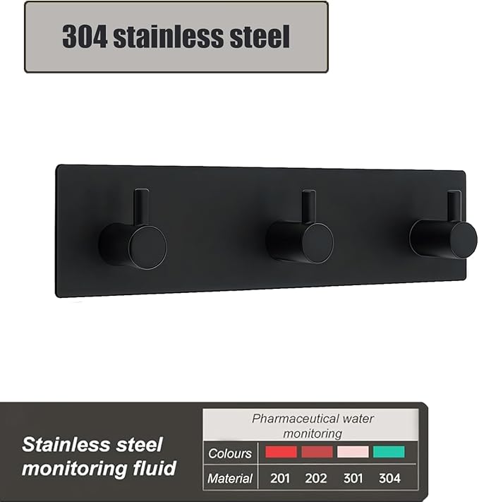 Kingdong Black Key Holder for Wall 304 Stainless Key Hooks Adhesive Key Holder Wall Mount Key Hanger with 3 Heavy Duty Hooks Key Organizer for Kitchen, Bedroom, Bathroom (Black(3 Hooks))