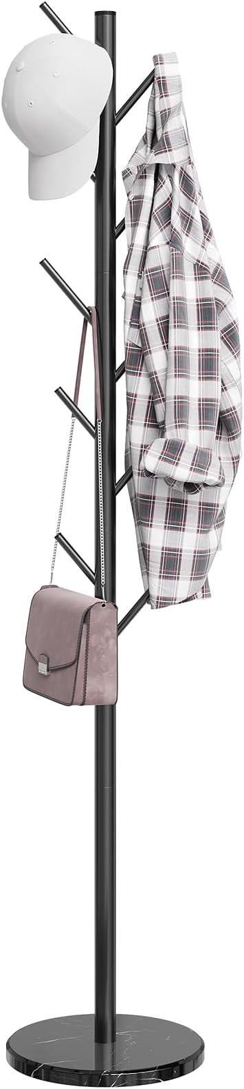 ELYKEN Coat Rack Freestanding, Metal Coat Rack with Natural Marble Base | 10 Hooks, 3 Adjustable Heights, Heavy Duty Coat Tree for Entryway, Hallway, Bedroom, Office, Black