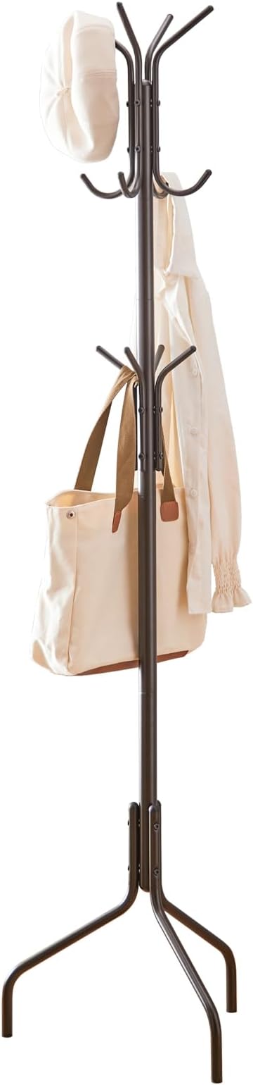 Coat Rack Freestanding,hat and coat rack stand for entryway,Living Room,Bedroom,Metal coat tree with12 Hooks and 3 Legs (Brown)