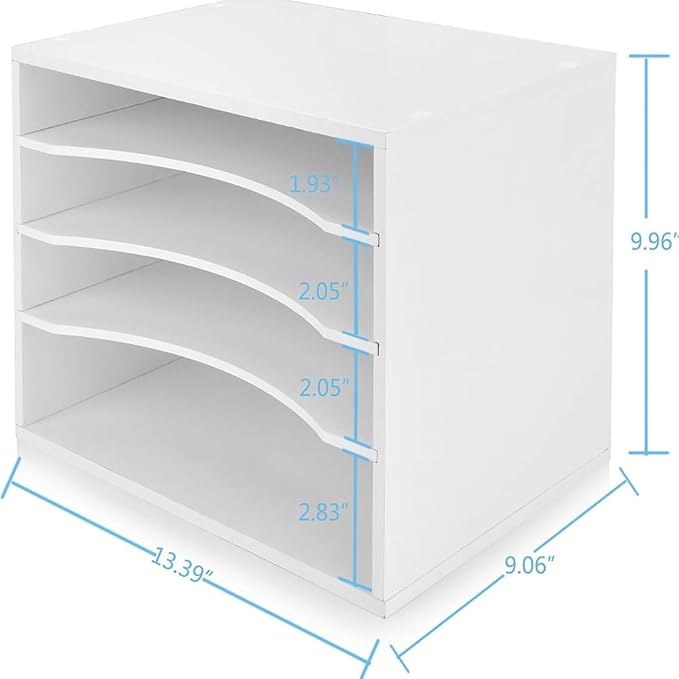 EMERIT 4-Tier Adjustable Paper Organizer, Large Capacity Desktop Organzier for Textbooks/Magazines/Office Files, Wooden Dividers, 7 lbs per Shelf, White