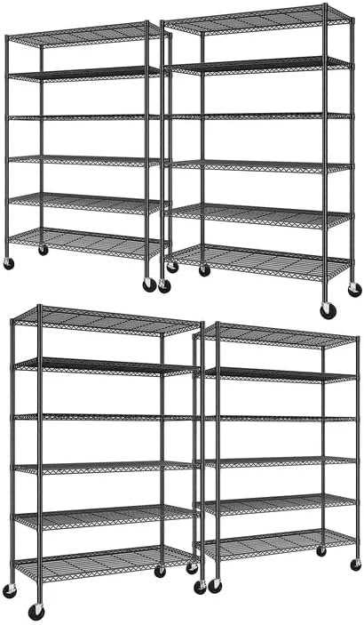 Romorgniz Storage Shelves with Wheels, 6 Tier Wire Shelving Adjustable Metal Shelving Pantry Shelves Capacity 1200LBS for Garage, Pantry, Kitchen, Office,82" H X45 W X18 D,Black,4P