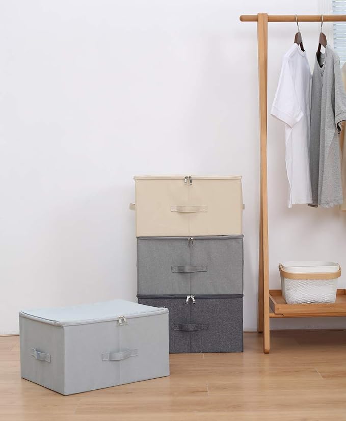 Sturdy Fabric Storage Bins with Lid, Shelves Clothes Storage Cubes,Set of 2 | versatile storage for seasonal clothes/ blankets/duvets, folding Space-Saving Design,3-side opening, Removable bottom board