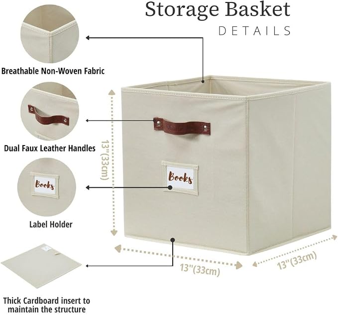 DECOMOMO Storage Bins, Cube Storage Bin with Labels | 13" x 13" x 13" Fabric Storage Cubes for Shelves (6pcs, Beige)