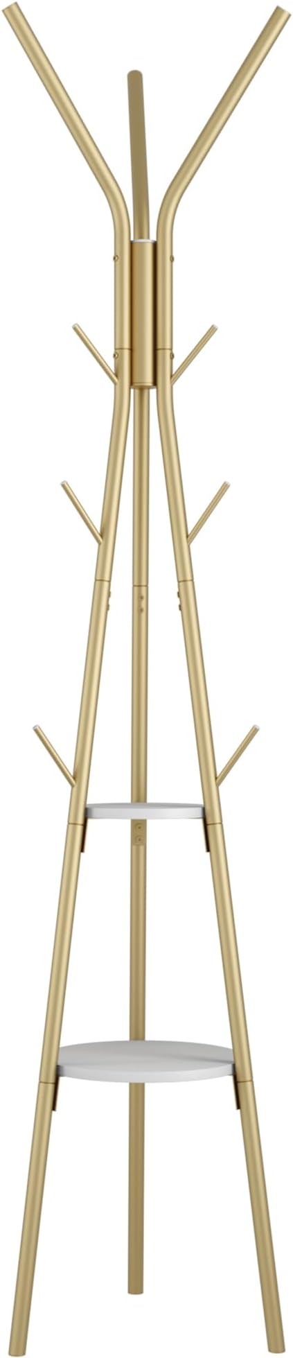 HOMEFORT Coat Rack, Coat Hanger Stand with 2 Shelves, Freestanding Hall Tree, Metal Hat Hanger with 12 Hooks for Clothes Hats and Scarves (Gold)