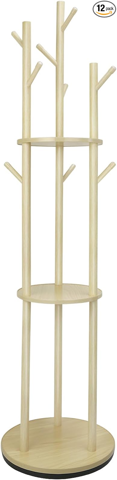YYW 360° Wood Coat Rack Stand With Hooks And Shelves Standing Organizer | Free Standing Rotating Organizer, Includes 9 Hooks And 3 Shelves, Perfect For Bedroom, Hallway, Small Space