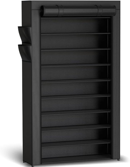 Kitsure 10-Tier Shoe Rack with Cover, Vertical Shelf, 33.6" Wide, Black | Space Saving Shoe Storage with Side Pocket, Shoe Organizer for Closet, Entryway, Bedroom, Zapateras Organizer