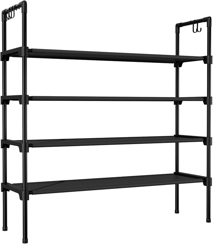 LANTEFUL 4 Tier Shoe Rack for Closet Shoe Organizer with 5 Hooks, Long Shoe Shelf Storage for Shoe and Boot Stackable Free Standing Shoe Rack for Entryway, Garage, Small Spaces, Dorm, Black
