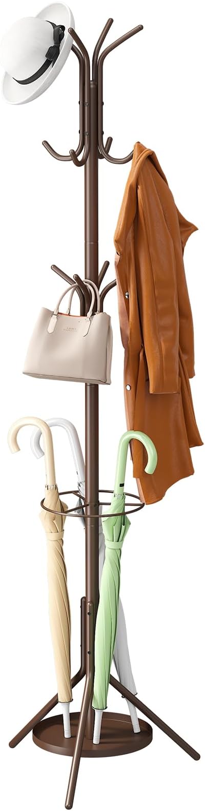 Coat Rack Freestanding,Entryway Hanger Stand,Umbrella Holder,Hall Tree With 12 Hooks, Floor Standing Metal Tree Stand,brown