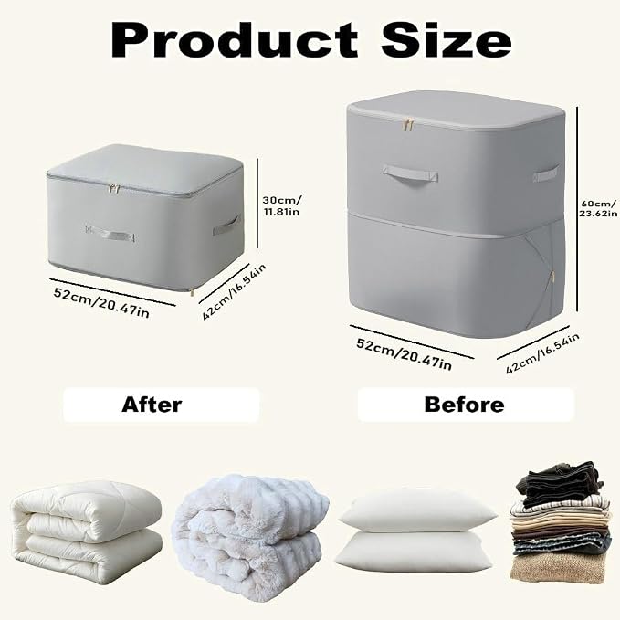 Comforter Storage Bag, Bedding & Blanket Self Compression Storage Organizer | Compression Storage Bag for Blanket Storage, 2-Layer Thick Satin Fabric Heavy Duty Bags for Pillow Duvet (Gray, XL, 2PCS)