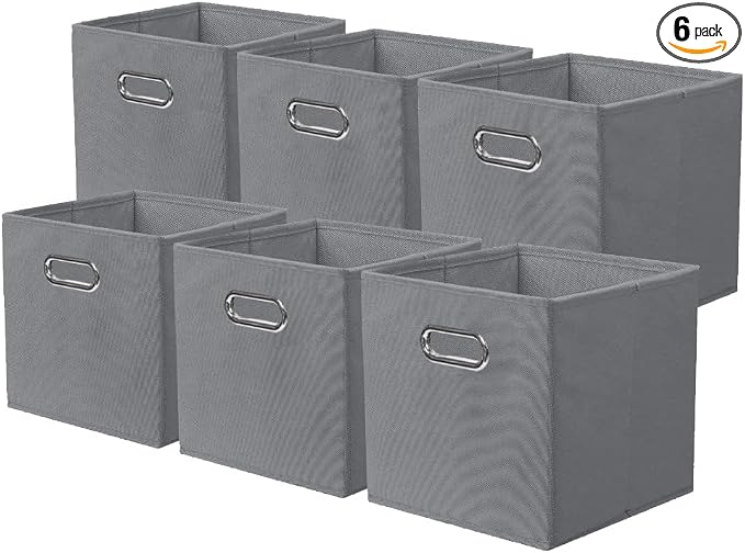 ShellKingdom Storage Bins, Foldable Fabric Storage Cubes with Metal Handle | Cloth Storage Organizer Drawer For Closet And Toys, 11 X 10.5 X 10.5 INCH, 6 Pack (Grey)
