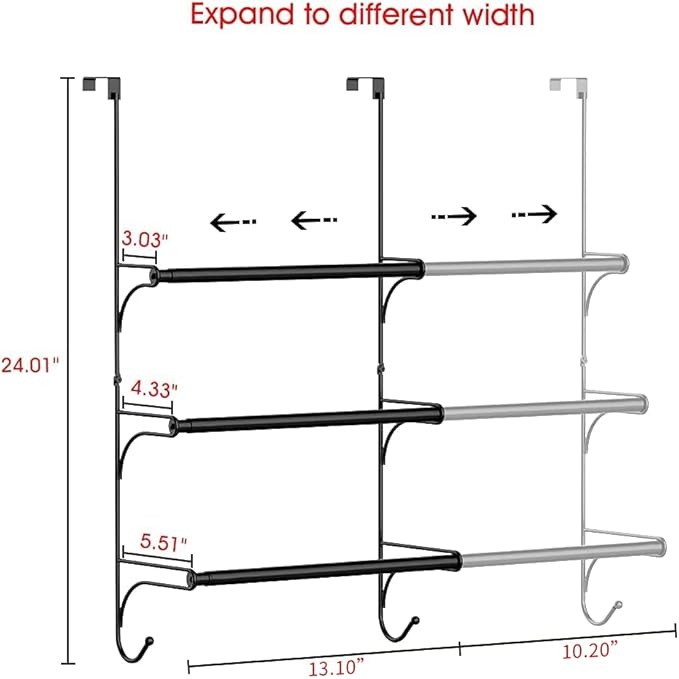 Auledio Adjustable Over the Door Triple Towel Rack with Hooks,Black